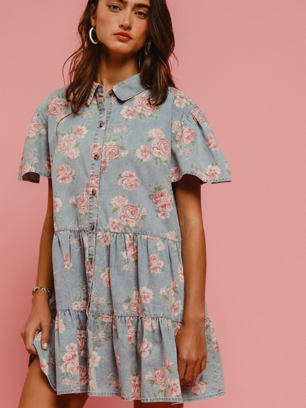 light denim floral print tiered shirt dress