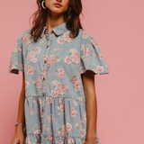 light denim floral print tiered shirt dress