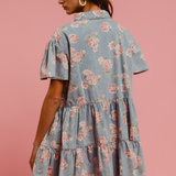 light denim floral print tiered shirt dress