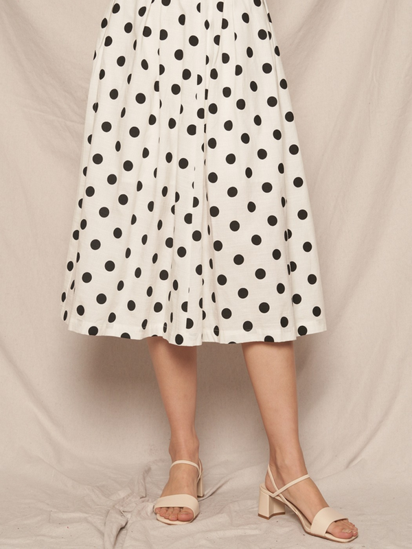 white and black Polka Dot Pleated A-Line Midi Skirt