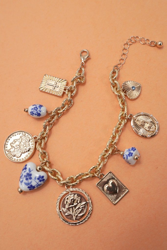 Gold Blue Ceramic Porcelain Coin Cross Charm Bracelet