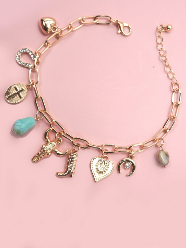 Gold Charm Bracelet-western Boot Bullhead Stone