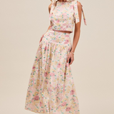 floral printed woven shoulder bow tie top with long skirt set