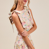 floral printed woven shoulder bow tie top with long skirt set