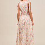 floral printed woven shoulder bow tie top with long skirt set