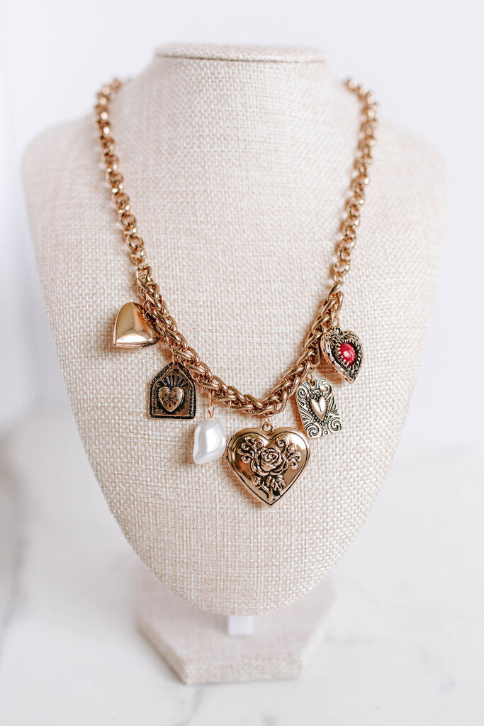 Gold Charm Necklace-lockets Hearts Pearl Necklace