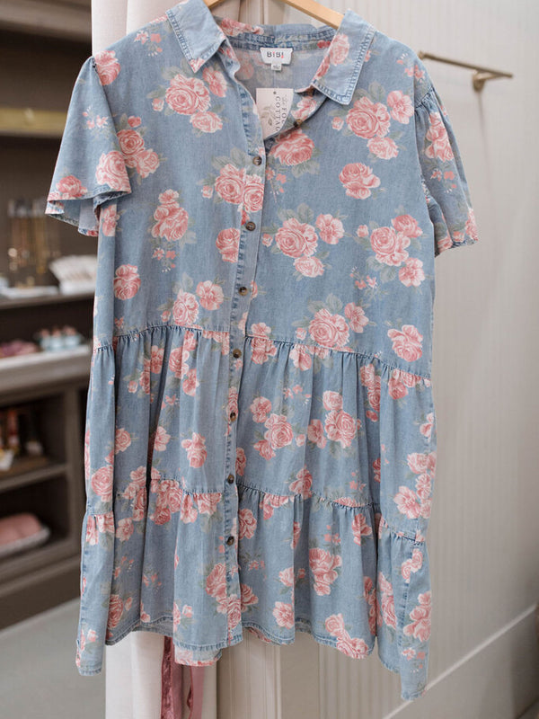 light denim floral print tiered shirt dress