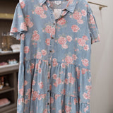 light denim floral print tiered shirt dress