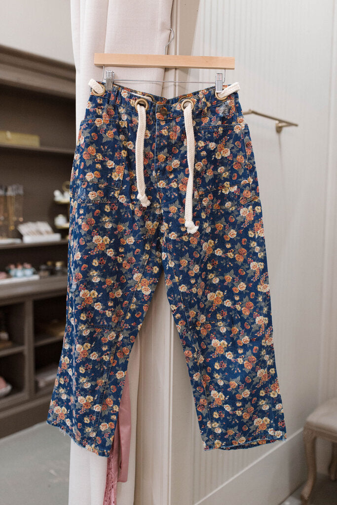 denim floral printed braided waist belt pants