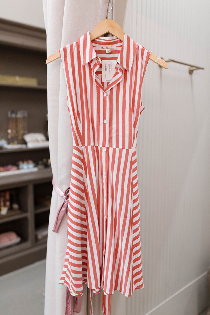 red sleeveless striped shirt dress