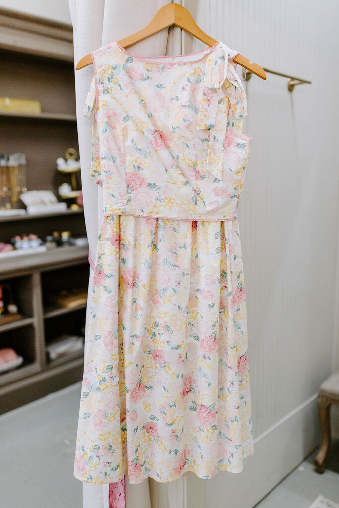 floral printed woven shoulder bow tie top with long skirt set