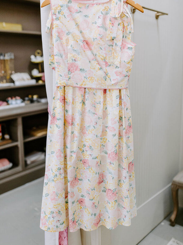 floral printed woven shoulder bow tie top with long skirt set