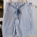 blue striped frayed hem denim shorts