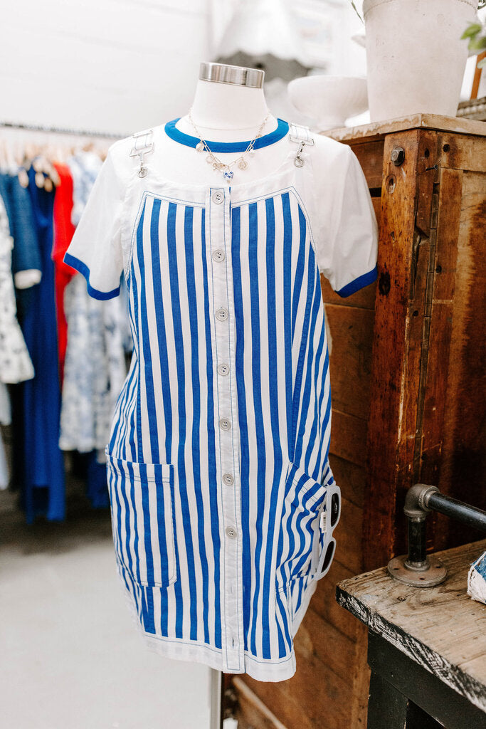 blue stripe overall dress