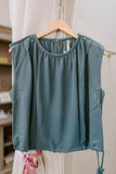 dusty blue woven drawstring tie side sleeveless top