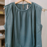 dusty blue woven drawstring tie side sleeveless top