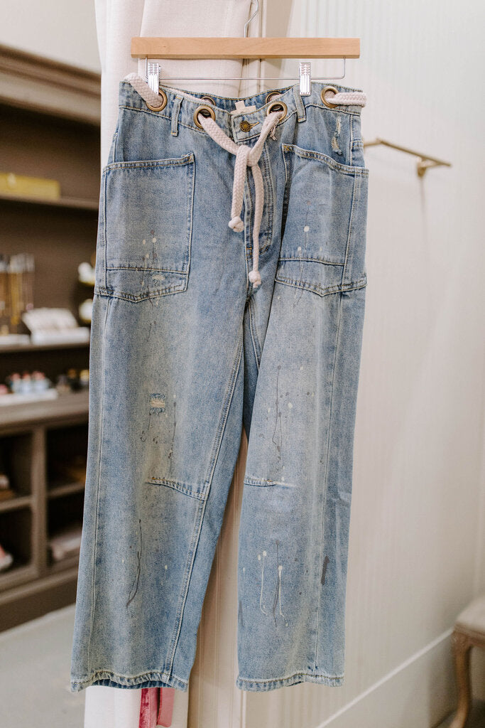 denim braided waist belt drip painting detail pants