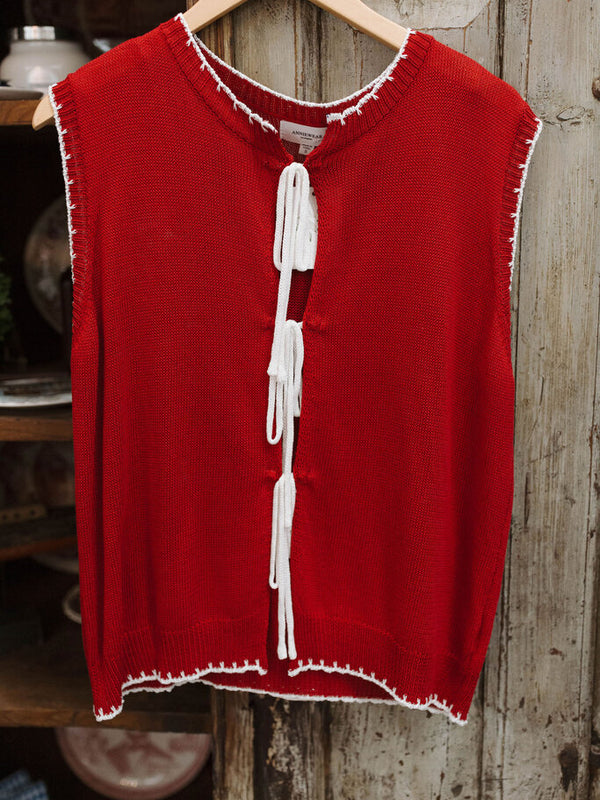 red contrast stitch front tie detail sweater