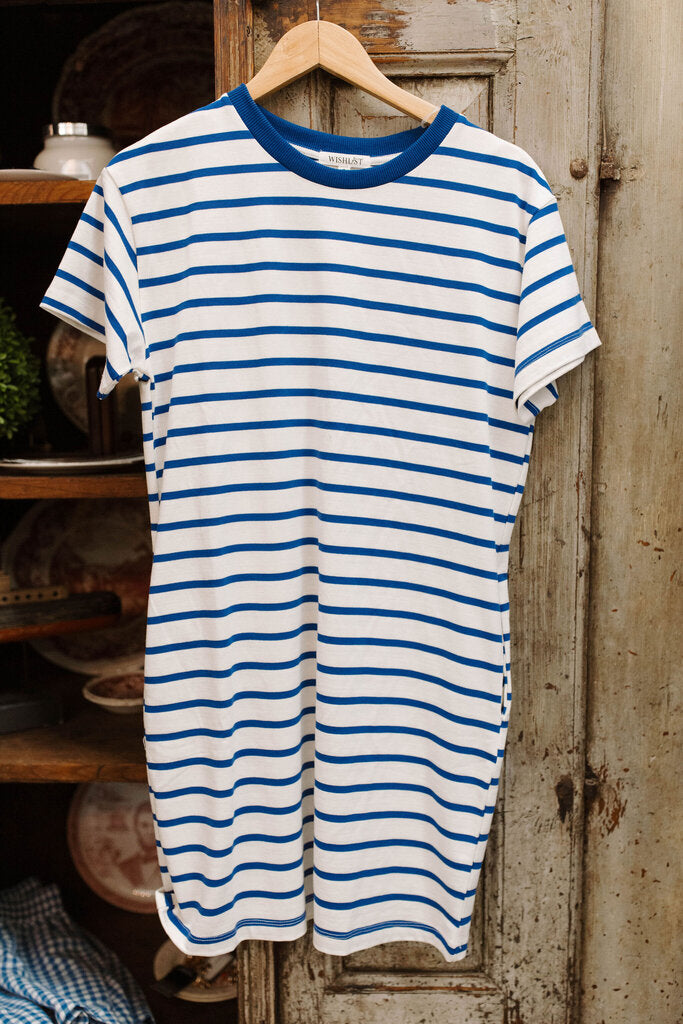off white/blue striped t-shirt midi dress