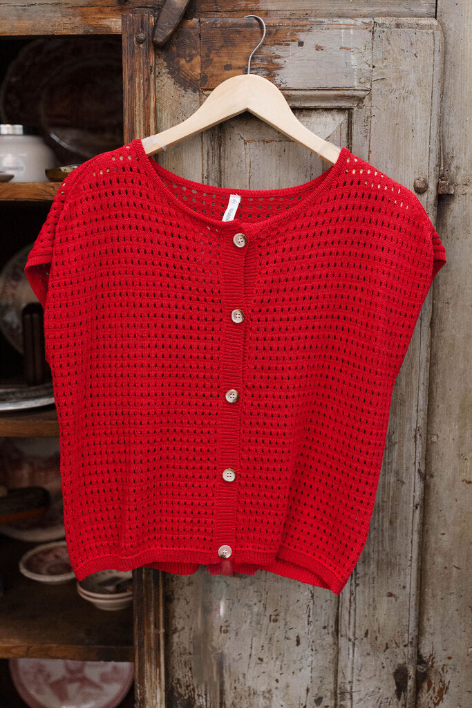 cherry open knit button up sweater top