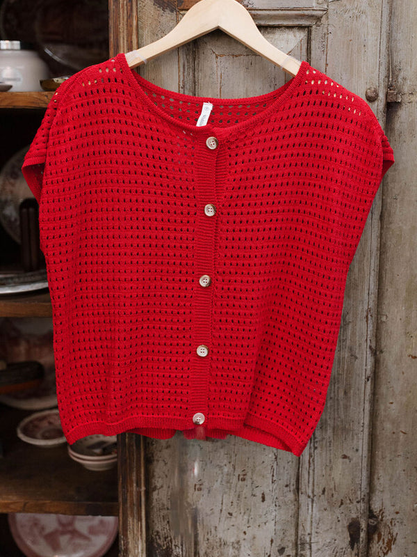 cherry open knit button up sweater top
