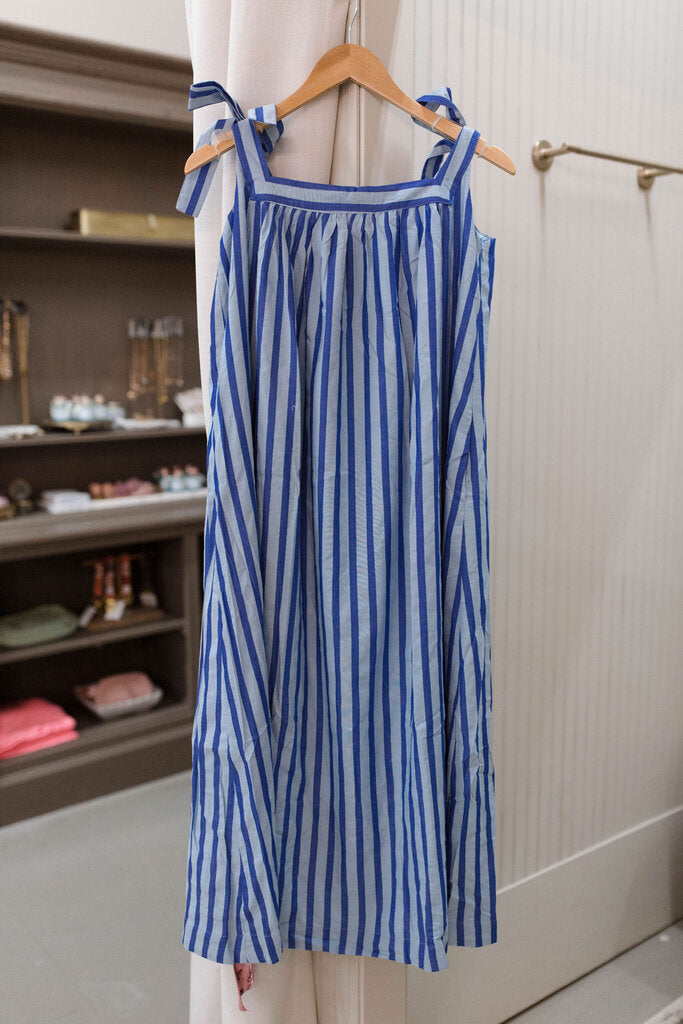 blue/light blue striped maxi dress with shoulder tie straps