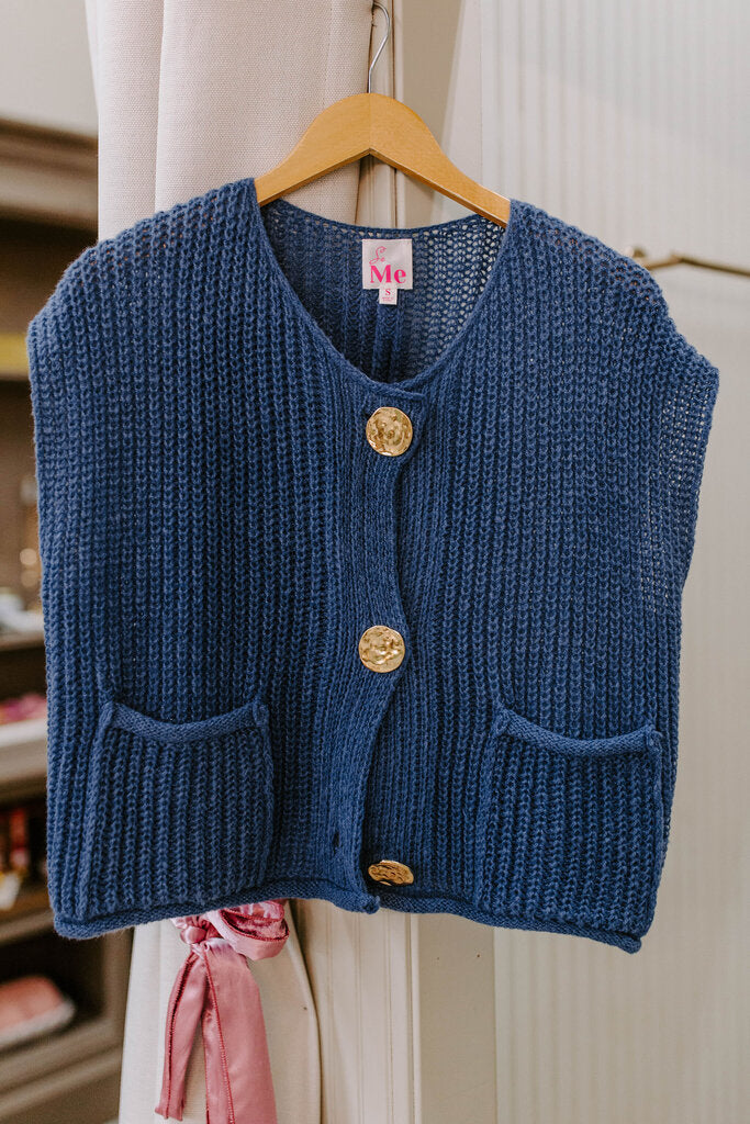 midnight blue big metal button front sweater vest