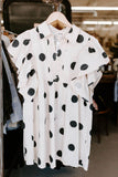 ivory and black dot print ruffled sleeveless button up dress