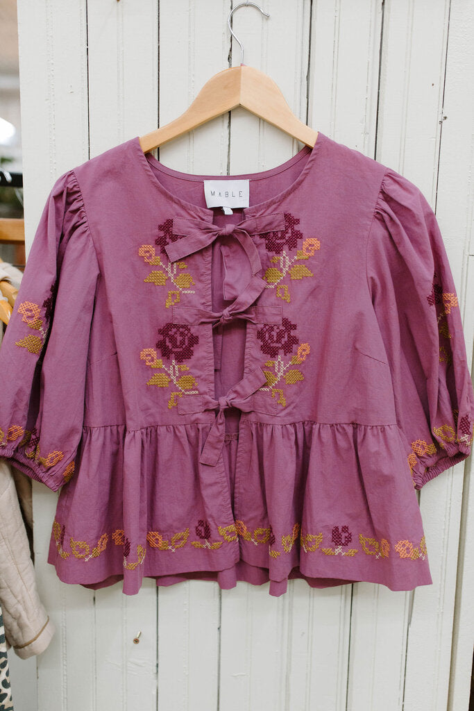 embroidered tie front top