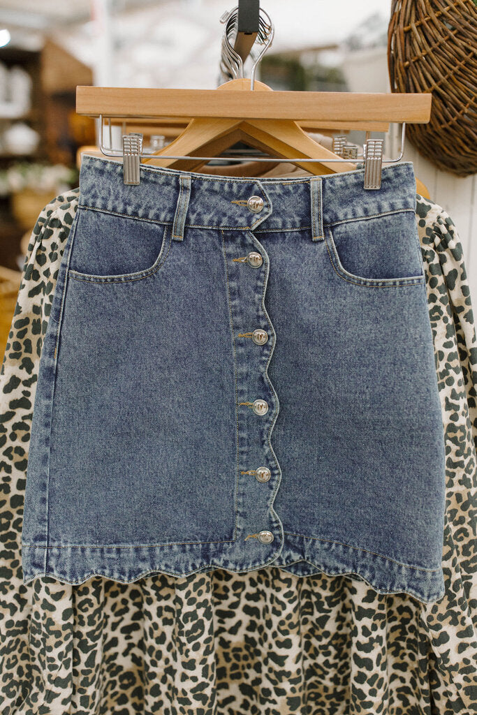 denim scalloped button front skirt