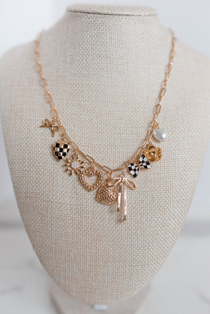 Gold Charm Necklace-bow Checker Heart Floral