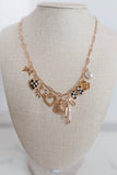 Gold Charm Necklace-bow Checker Heart Floral