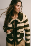 dark olive striped knit peter pan collar cardigan