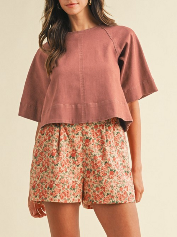 dried rose stretch denim tie back detail blouse