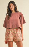 dried rose stretch denim tie back detail blouse