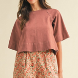 dried rose stretch denim tie back detail blouse