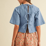 dried rose stretch denim tie back detail blouse