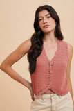 coral crochet trimmed button down sweater vest