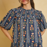 navy multi floral printed baby doll blouse with bubble sleeves