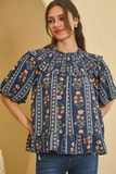 navy multi floral printed baby doll blouse with bubble sleeves