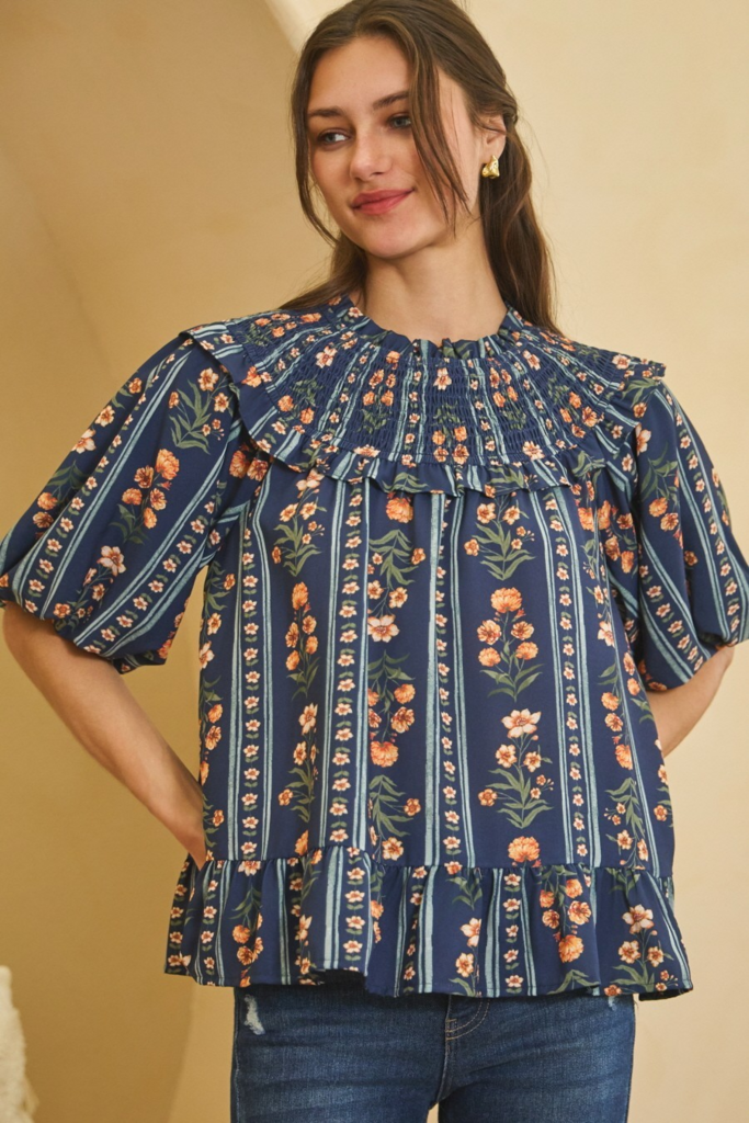 navy multi floral printed baby doll blouse with bubble sleeves