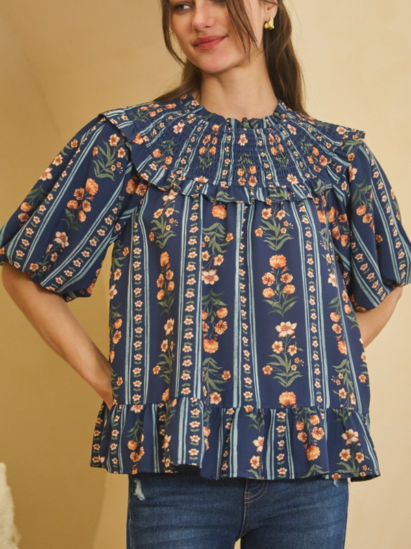 navy multi floral printed baby doll blouse with bubble sleeves