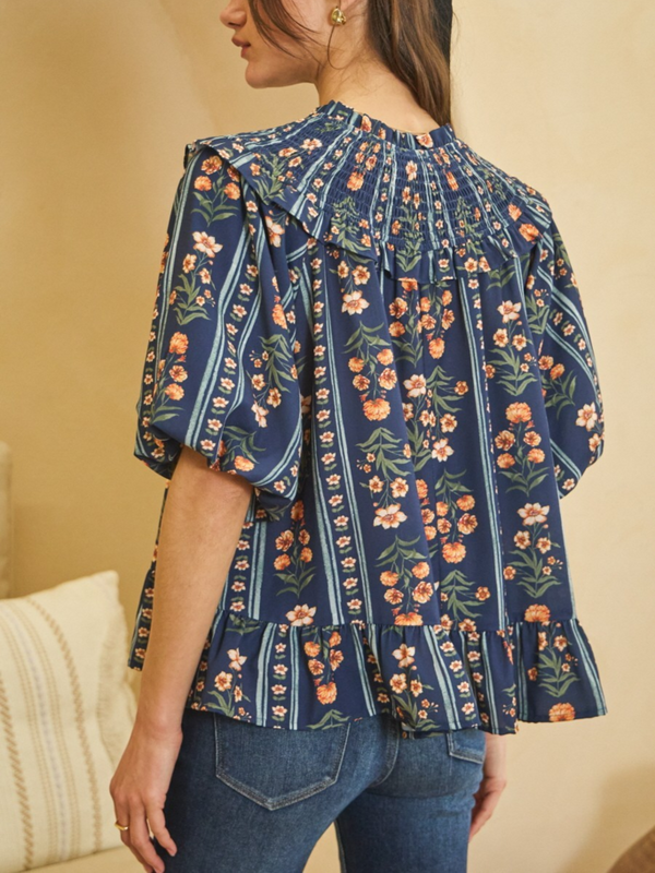 navy multi floral printed baby doll blouse with bubble sleeves
