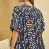 navy multi floral printed baby doll blouse with bubble sleeves