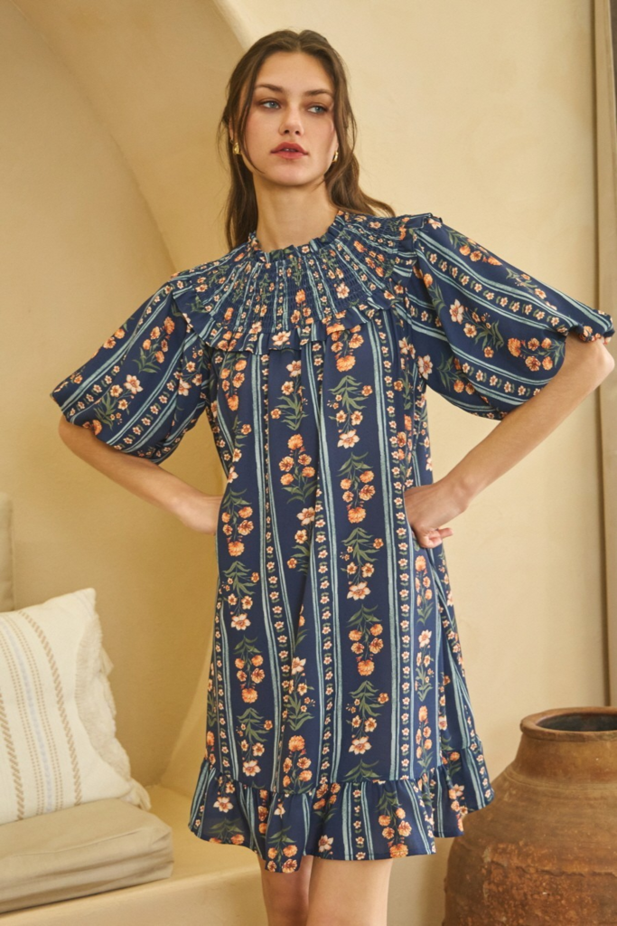 navy multi floral printed dress with bubble sleeves