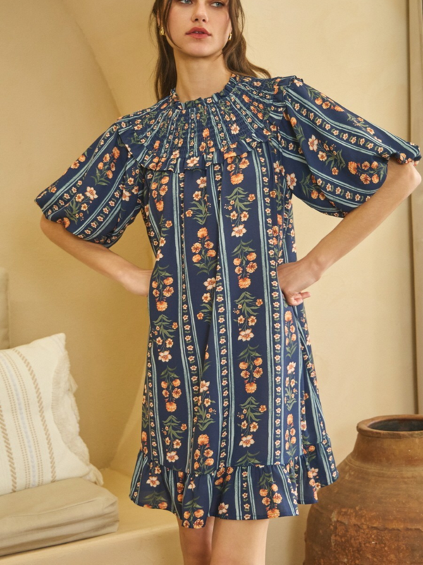 navy multi floral printed dress with bubble sleeves