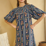 navy multi floral printed dress with bubble sleeves