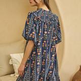 navy multi floral printed dress with bubble sleeves