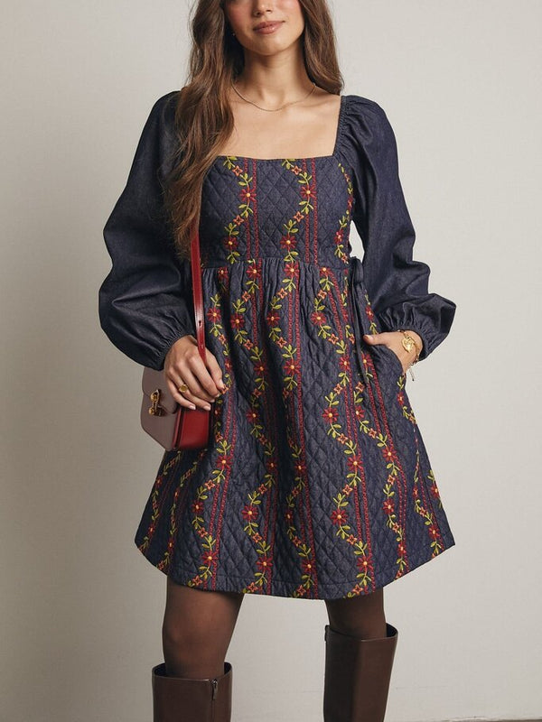 midnight indigo embroidered quilted mini dress