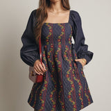 midnight indigo embroidered quilted mini dress